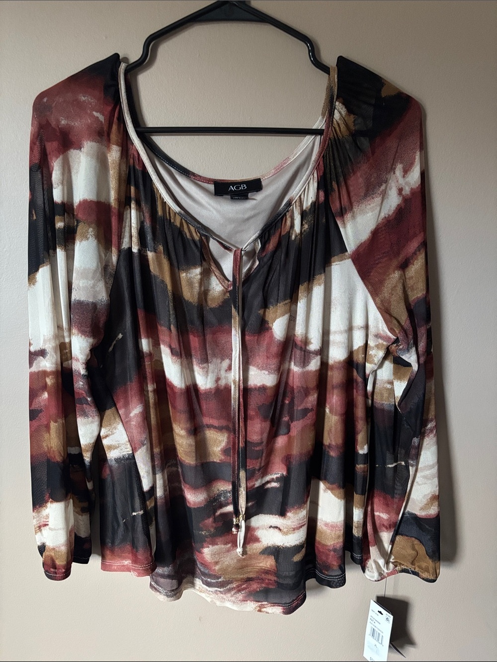 AGB Long-Sleeve Watercolor Stripe Top in Rust, Black & Cream
